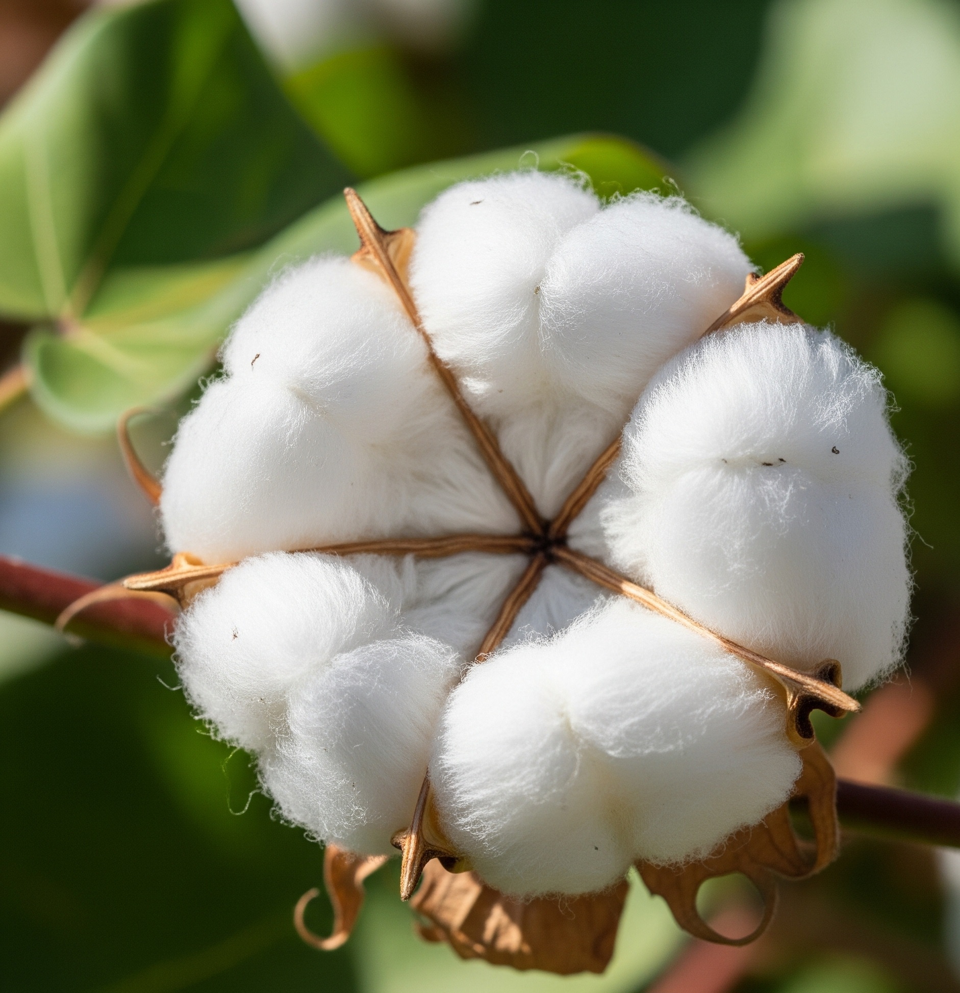 A close-up of a natural cotton boll on its plant
