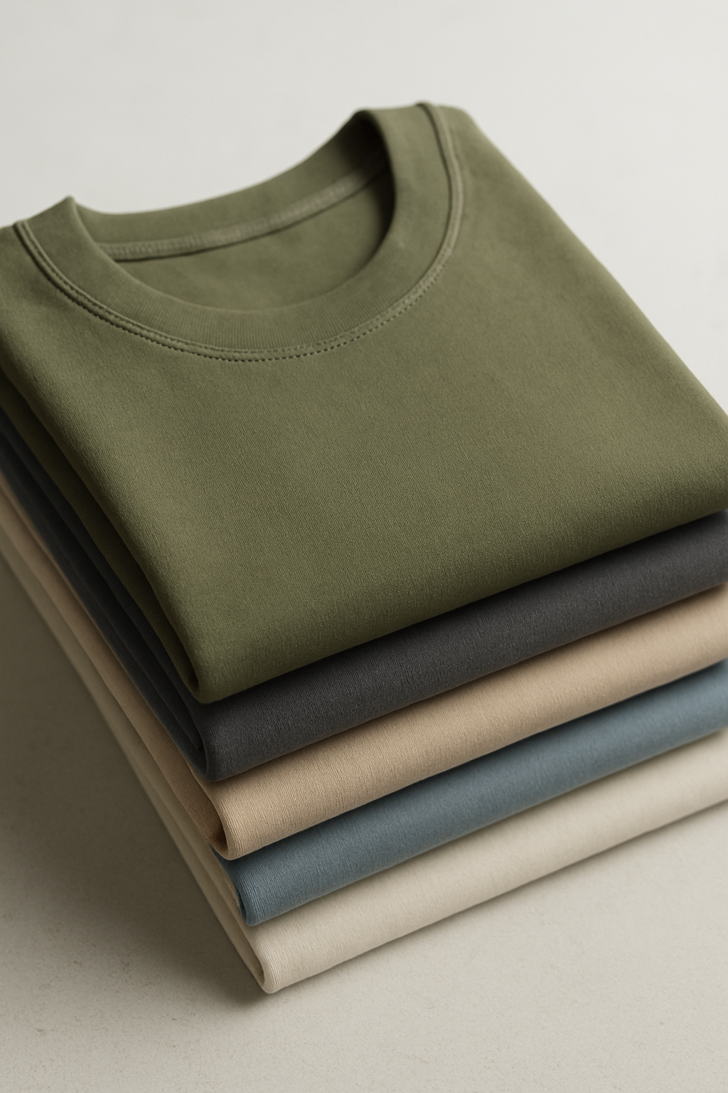 A stack of high-quality blank t-shirts in various colors